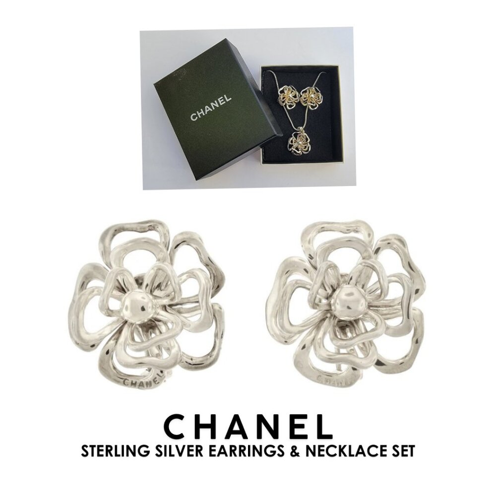 CHANEL Sterling Silver (925) Earrings & Necklace Camellia Flower Set, CHANEL Box